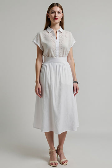 White A Line Collar Neck Midi Work Dress